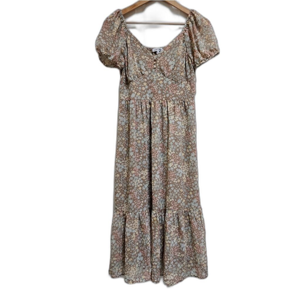 Mimi Chica Tan Floral Tiered Puff Slv Midi Dress Women Sz M Peasant Boho Cottage